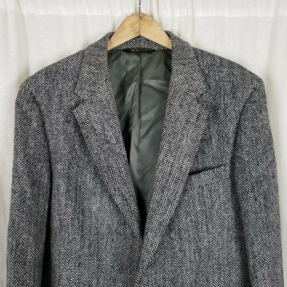 Vintage HARRIS Tweed Blazer Black Herringbone Wool Sport Coat Jacket Mens 42 44 - Picture 2 of 6